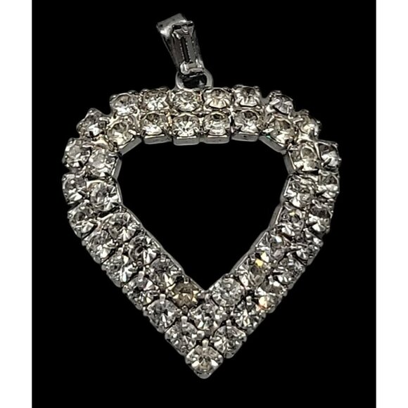 Rhinestone-Studded Open Heart Pendant Silver Tone Pot Metal Vintage - Picture 10 of 11